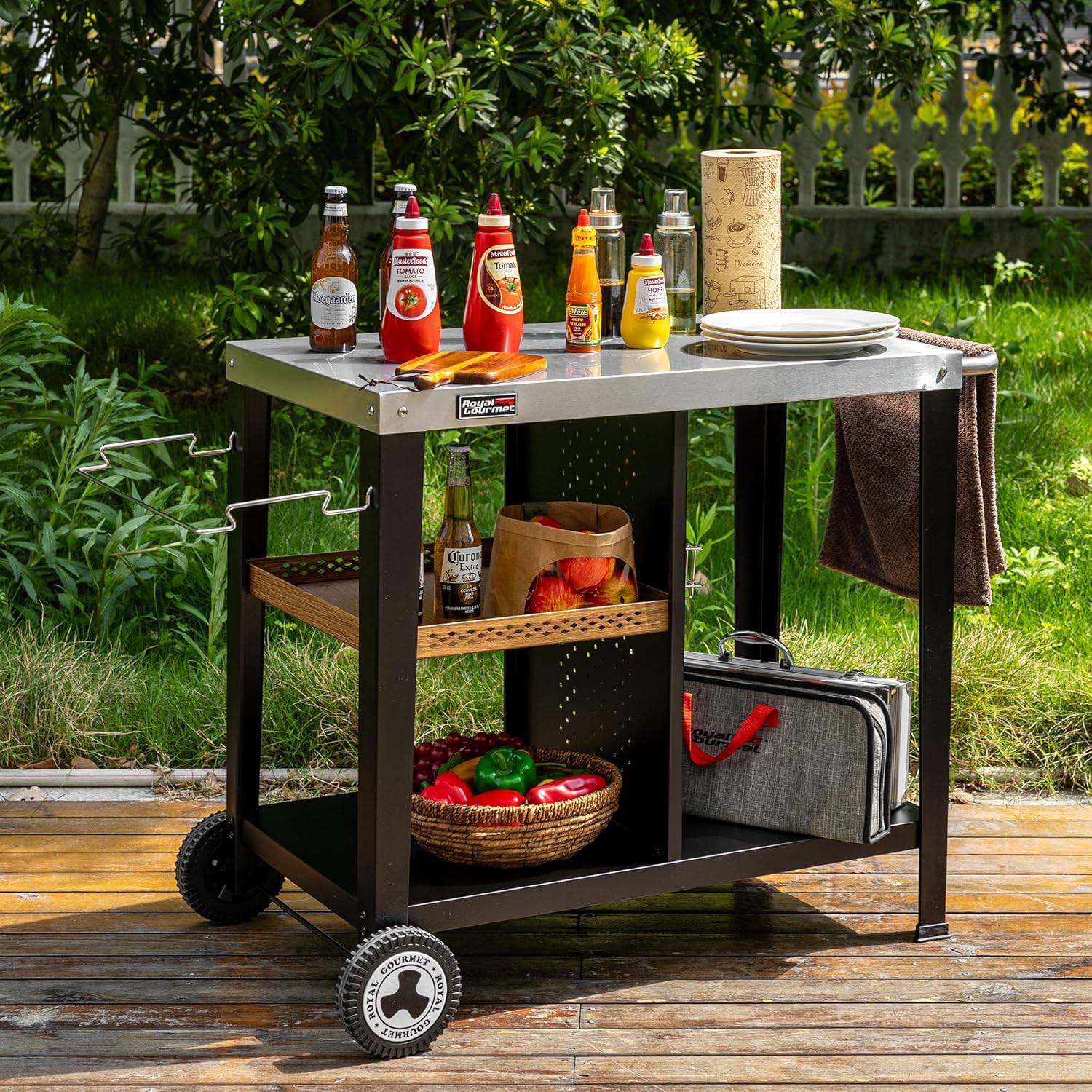 Royal Gourmet Grilltisch mit 85x50 cm Edelstahlplatte 3-Etage Grillwagen für Tischgrill und Pizzaöfen, Rollwagen mit Griffen, Müllbeutelhalter & Aufbewahrungsregalen, Einfaches Reinigen & Bewegbar