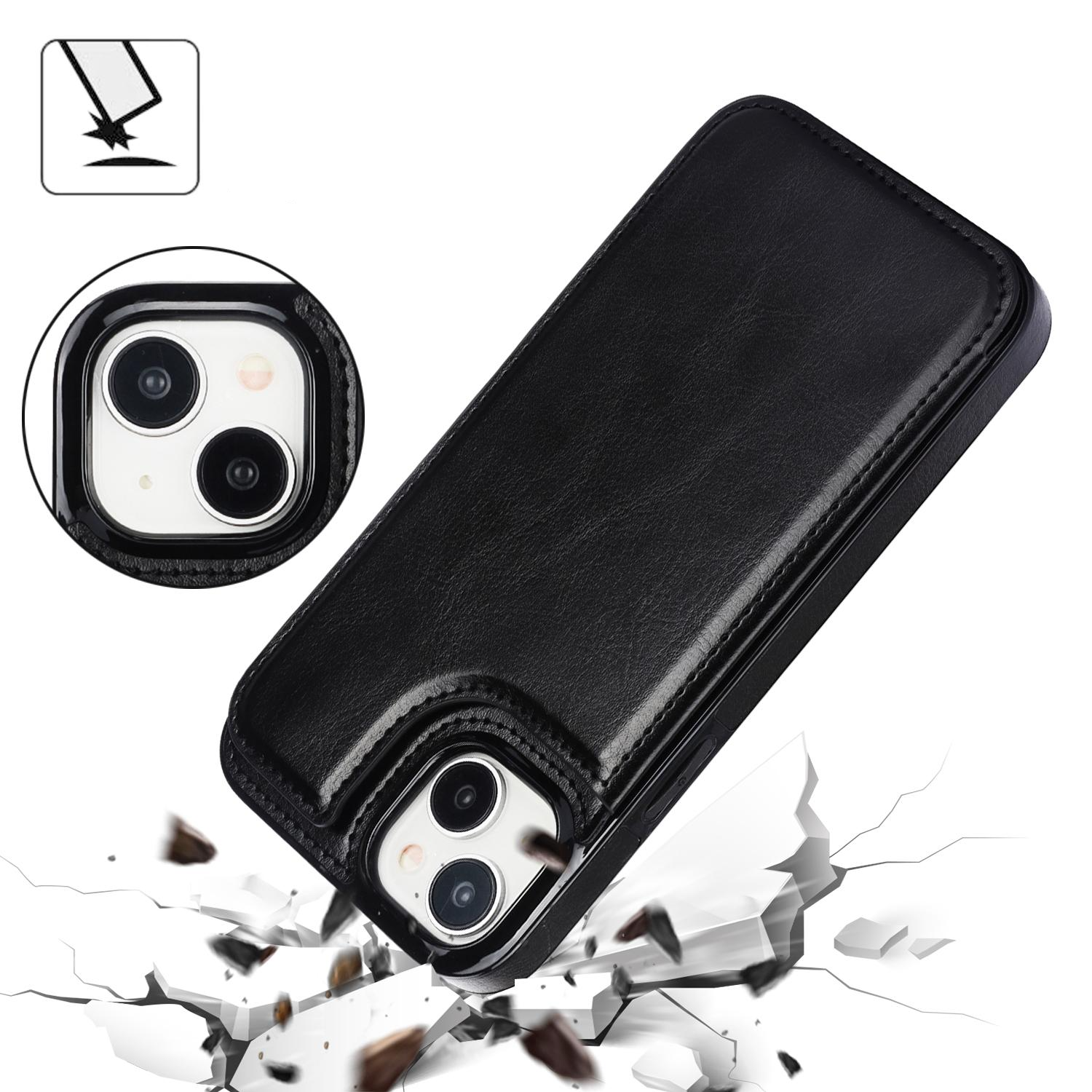 iPhone 15 Hybrid Leder Hülle mit Kartenfach   Kickstand Aufsteller - Schwarz