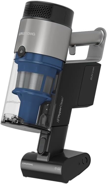 GRUNDIG VCP 8331 Pro 2-in-1-Akkusauger, TrayClean, CyclonStorm-Technologie, knickbares Rohr, 3 Saugkraftstufen, 450 W Motor, 500 ml Staubbehälter, bis zu 60 Minuten Laufzeit, Silber-Schwarz