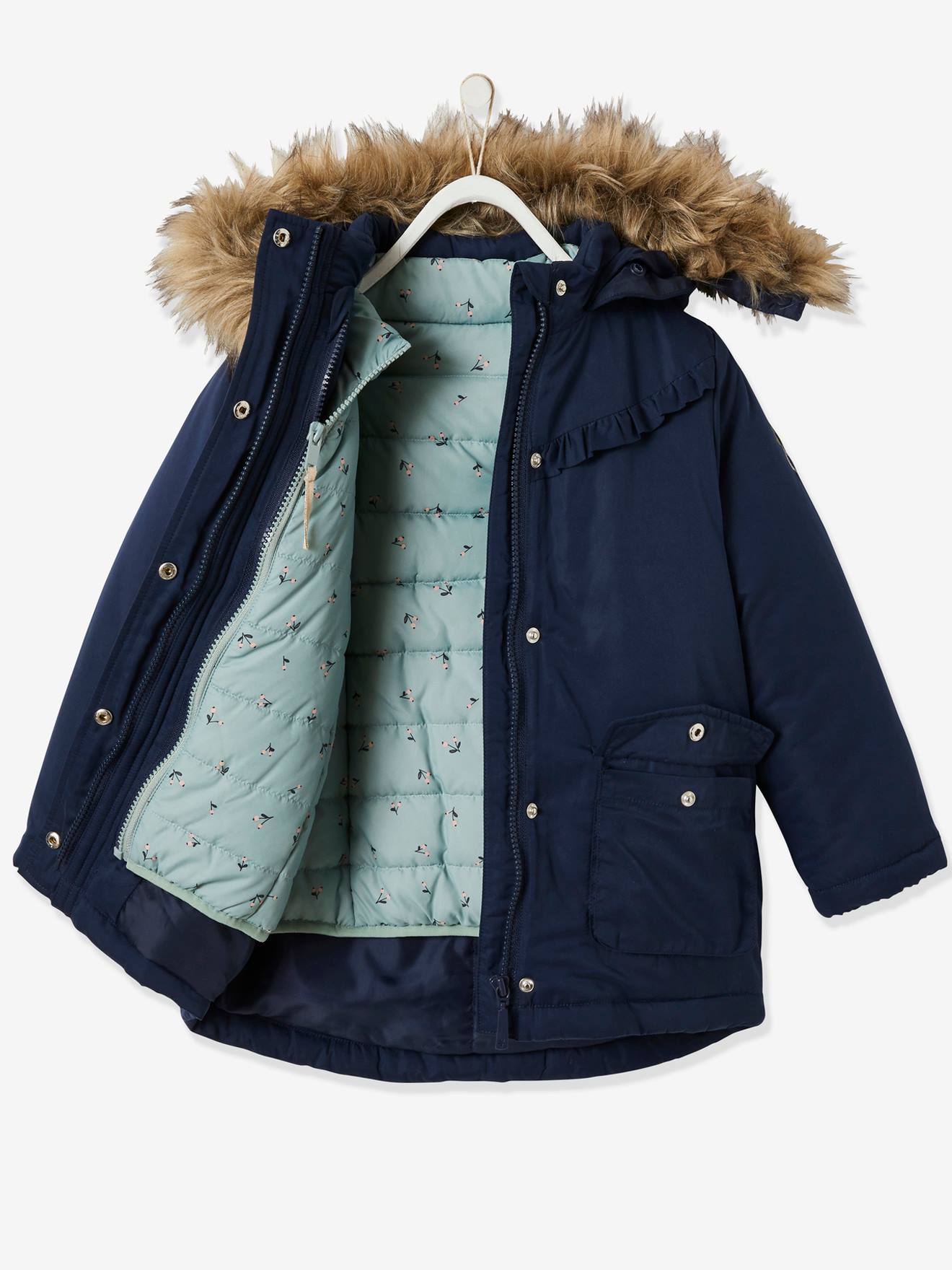 Parka com capuz 3 em 1, jaqueta acolchoada e enchimento de poliéster reciclado, para meninas, rosa escuro liso.