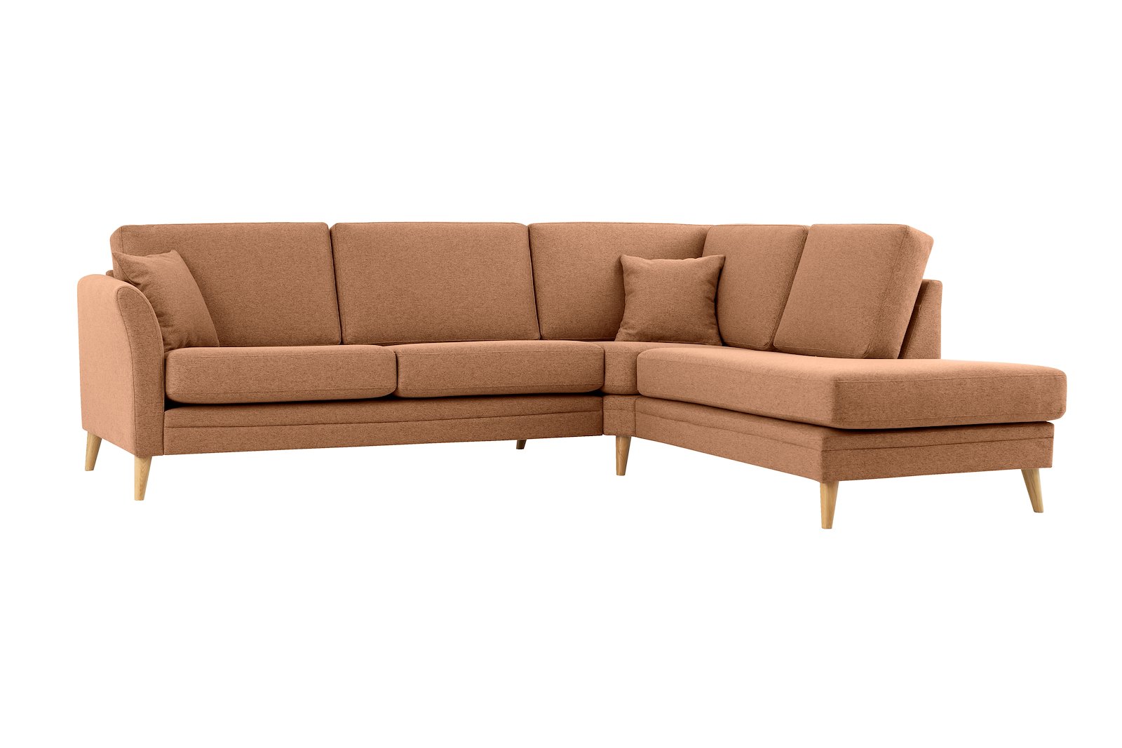 Eden hjørnesofa 2,5-seter med åpen ende høyre. Tekstil Neve 31 Brick med ben i eik natur (15137).