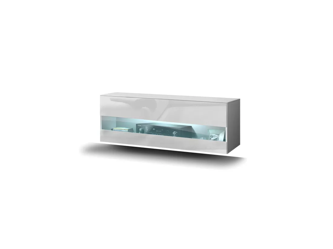 Meuble de salon blanc collection CEPTO 37x91cm, 1 porte avec vitre, 2 étagères.