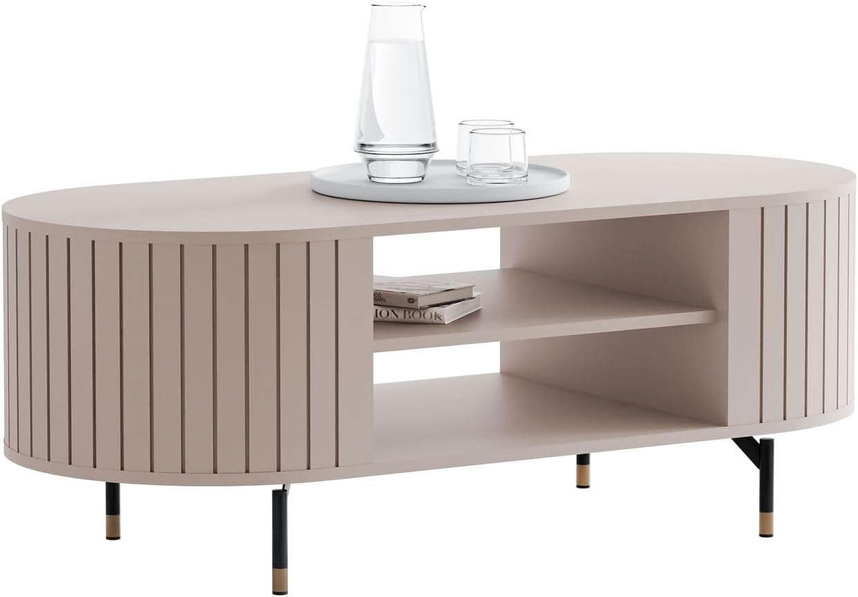 Lookway Couchtisch Elodie 104×47×56 cm – moderner Sofatisch mit Ablage, vertikalen Fräsungen, abgerundeten Seiten & Metallfüßen, Elegantes Design für Wohnzimmer (Kaschmir)