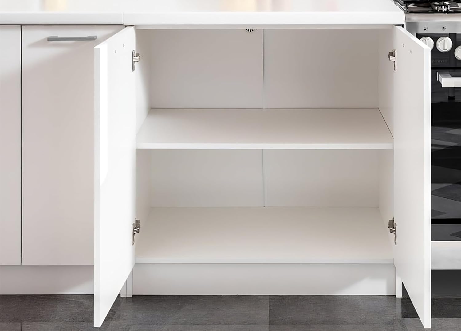 Moderne Küchenzeile ohne Elektrogeräte in Grau Hochglanz - Einbauküche mit viel Stauraum - Erweiterbares 2,4-m-Set inkl. Arbeitsplatten in Weiß - 240 x 82 x 46 cm (B/H/T)