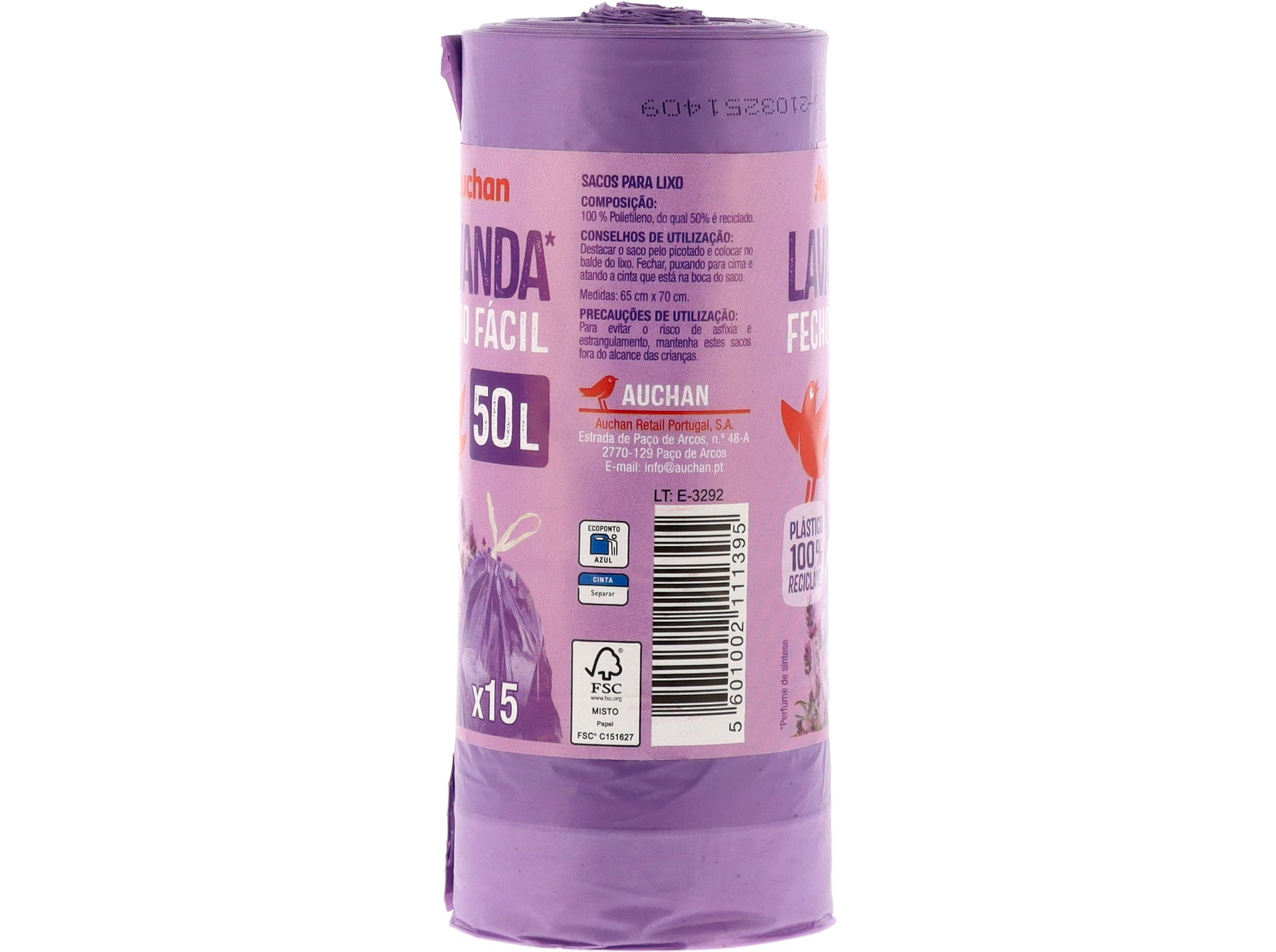 SACO LIXO AUCHAN LAVANDA FECHO FÁCIL 50 LITROS 15 UNIDADES