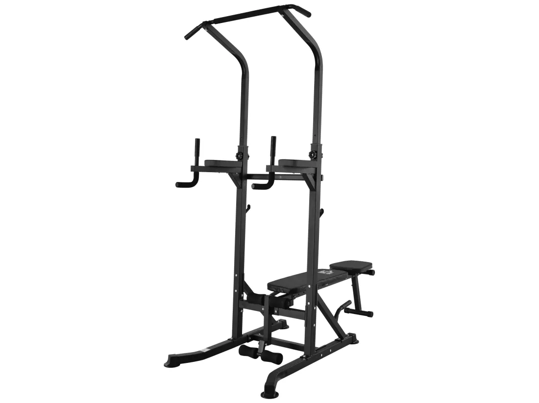 Station de musculation Fitness entrainement complet - barre de traction, à dips, banc de musculation pliable, poignées push-up - acier noir
