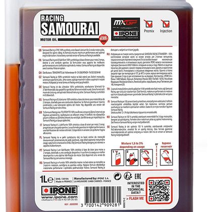 Huile moteur Ipone SAMOURAI RACING FRAISE 100% synthése - 1 LITRE - DOSEUR Universel