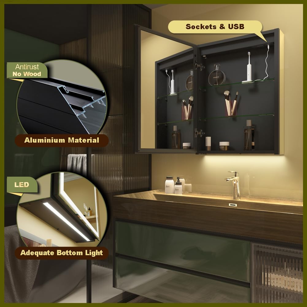 LED Beleuchtetes Badezimmer Medizin Spiegel Schrank, Defog, Stufenloses Dimmen, Speicher 3-Farben Modus, Speicher Regale, Steckdosen & USBs (Linkes Scharnier, 50 x 70 cm)