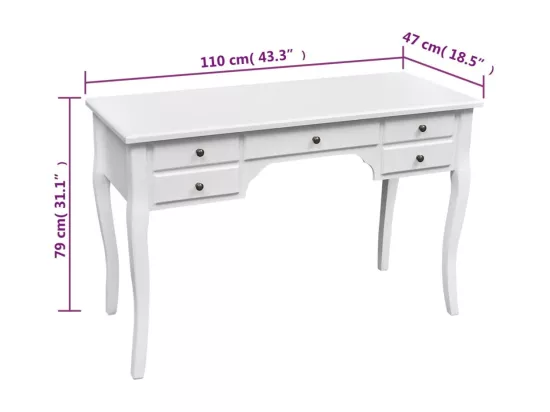 Bureau français en bois avec pieds courbés et 5 tiroirs