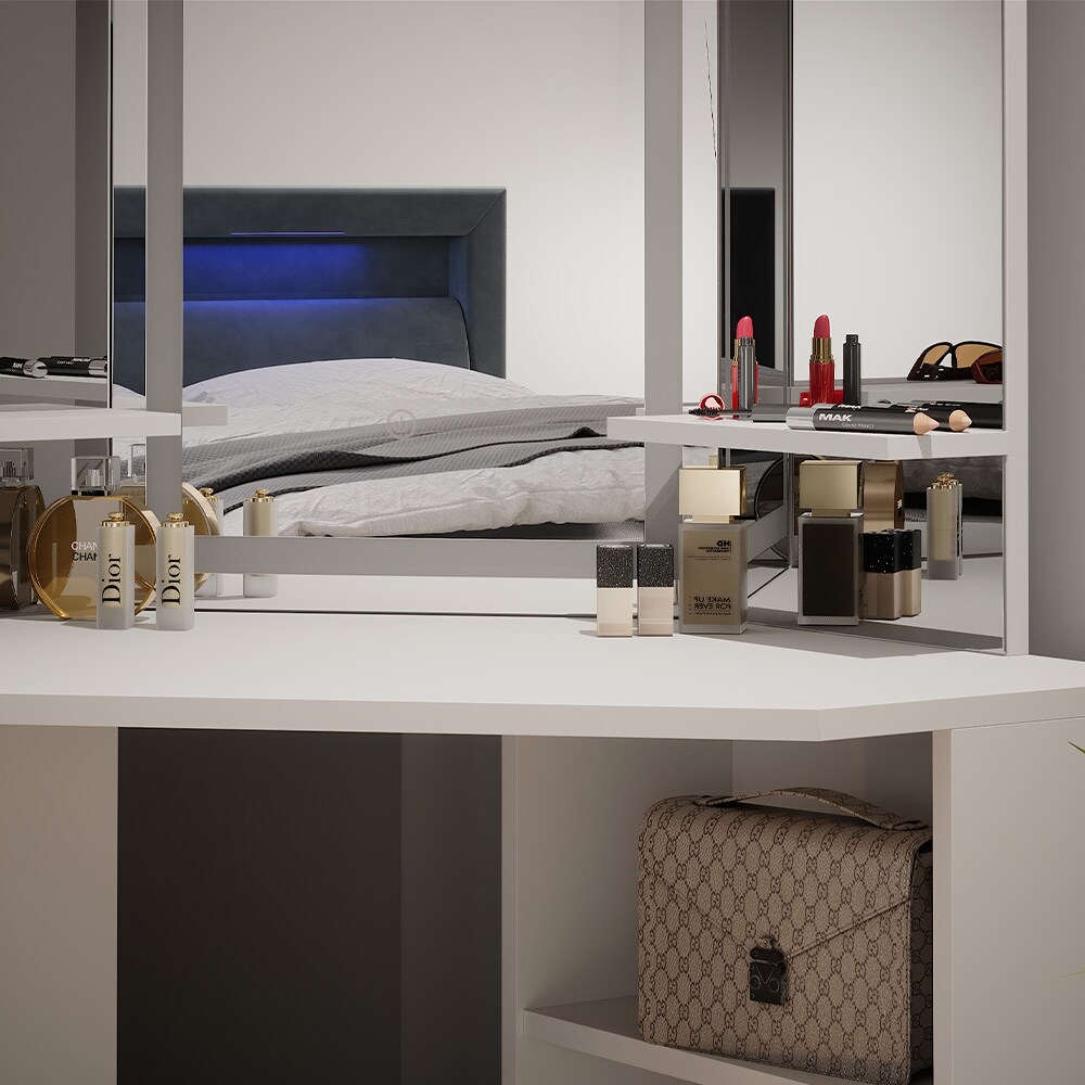 Vicco Eckschminktisch Frisiertisch Schminkkommode Arielle Weiß LED-Spiegel 111x142 cm modern Schlafzimmer Kommode Schublade Ablage Aufbewahrung Kosmetiktisch Schminkkonsole Make-Up-Tisch