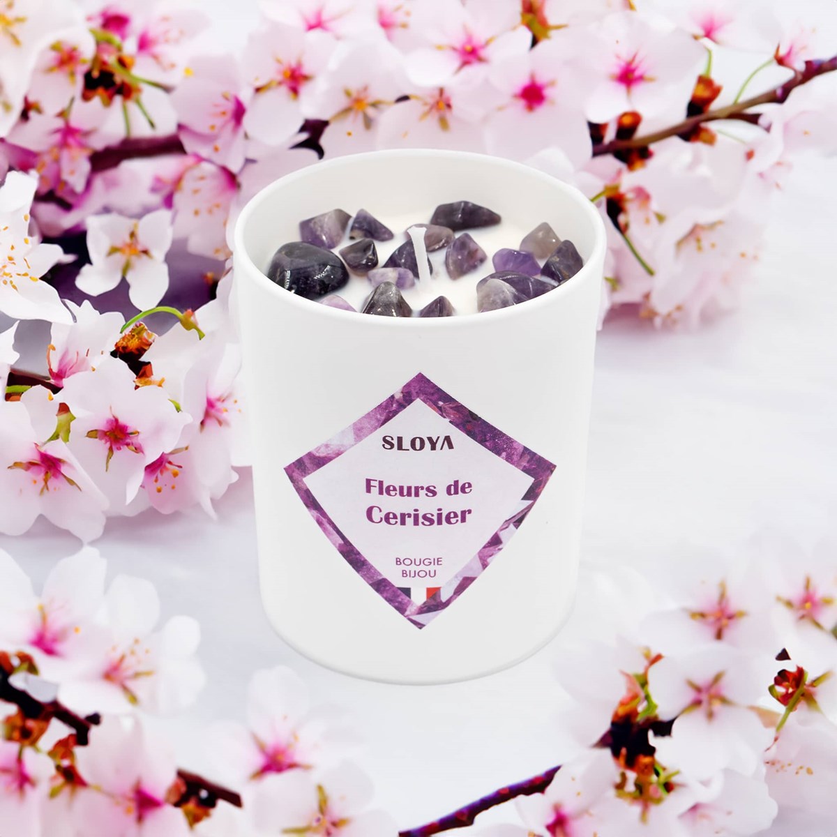 Bougie bijou pierres Améthyste - parfum Fleur de Cerisier
