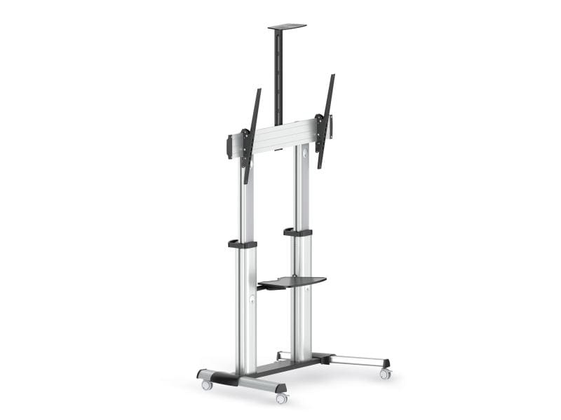 PureMounts TV-Trolley PDS-0011C Schwarz/Silber Rollbare Standhalterung mit Regalboden für Flachbildschirme von 55