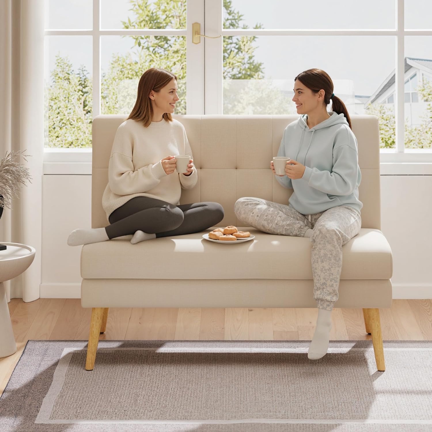 HOMCOM Sofa 2 Sitzer Couch mit Leinenoptik, Getuftete Rückenlehne Kleine Polstersofa Modern 118 cm Gepolstert Doppelsofa mit Holzbeine für Wohnzimmer, Kleine Räume, Beige