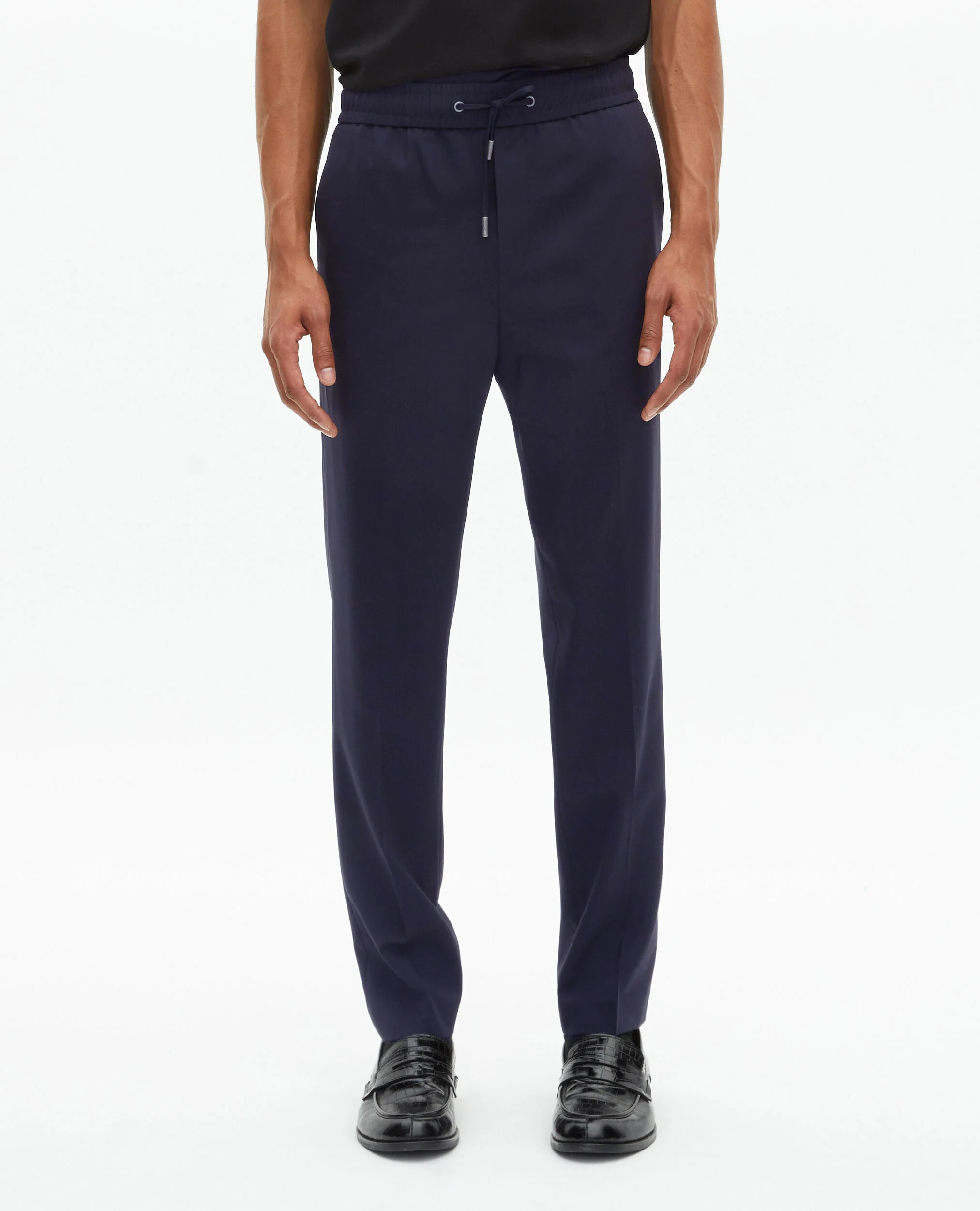 Pantalon élastiqué droit en laine marine