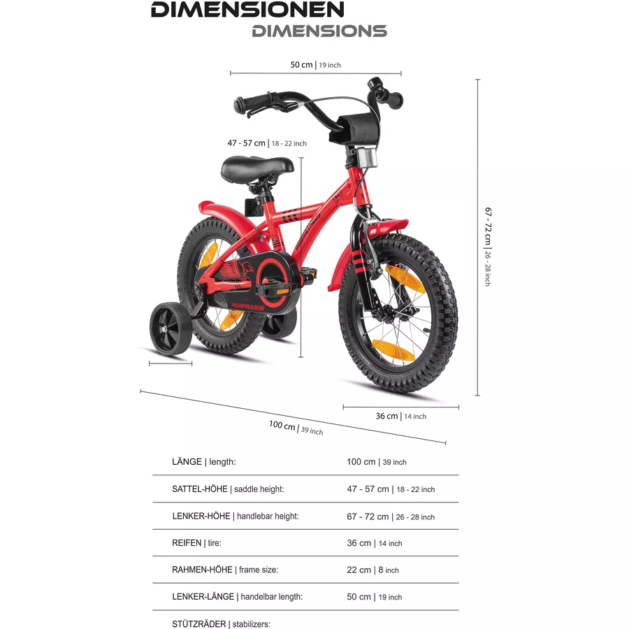 PROMETHEUS BICYCLES® HAWK Kinderfahrrad 14 , Rot-Schwarz mit Stützrädern