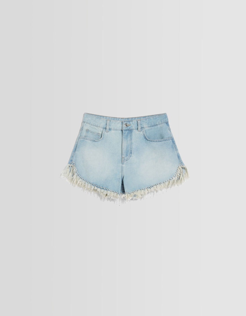 Calções jeans com franjas de strass