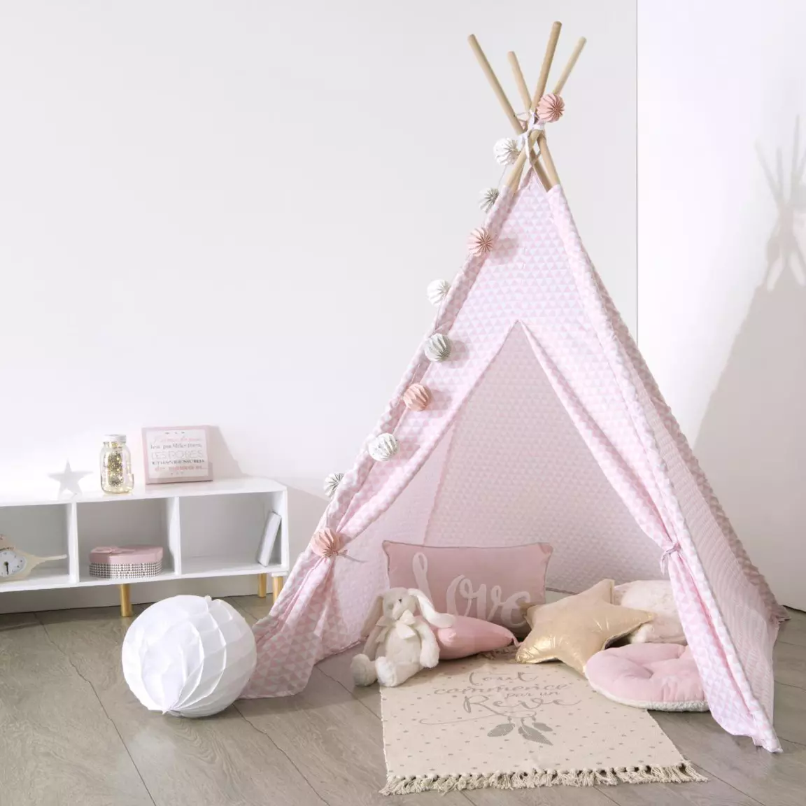 Tipi enfant bois et tissu (H160 cm) Dameo Rose