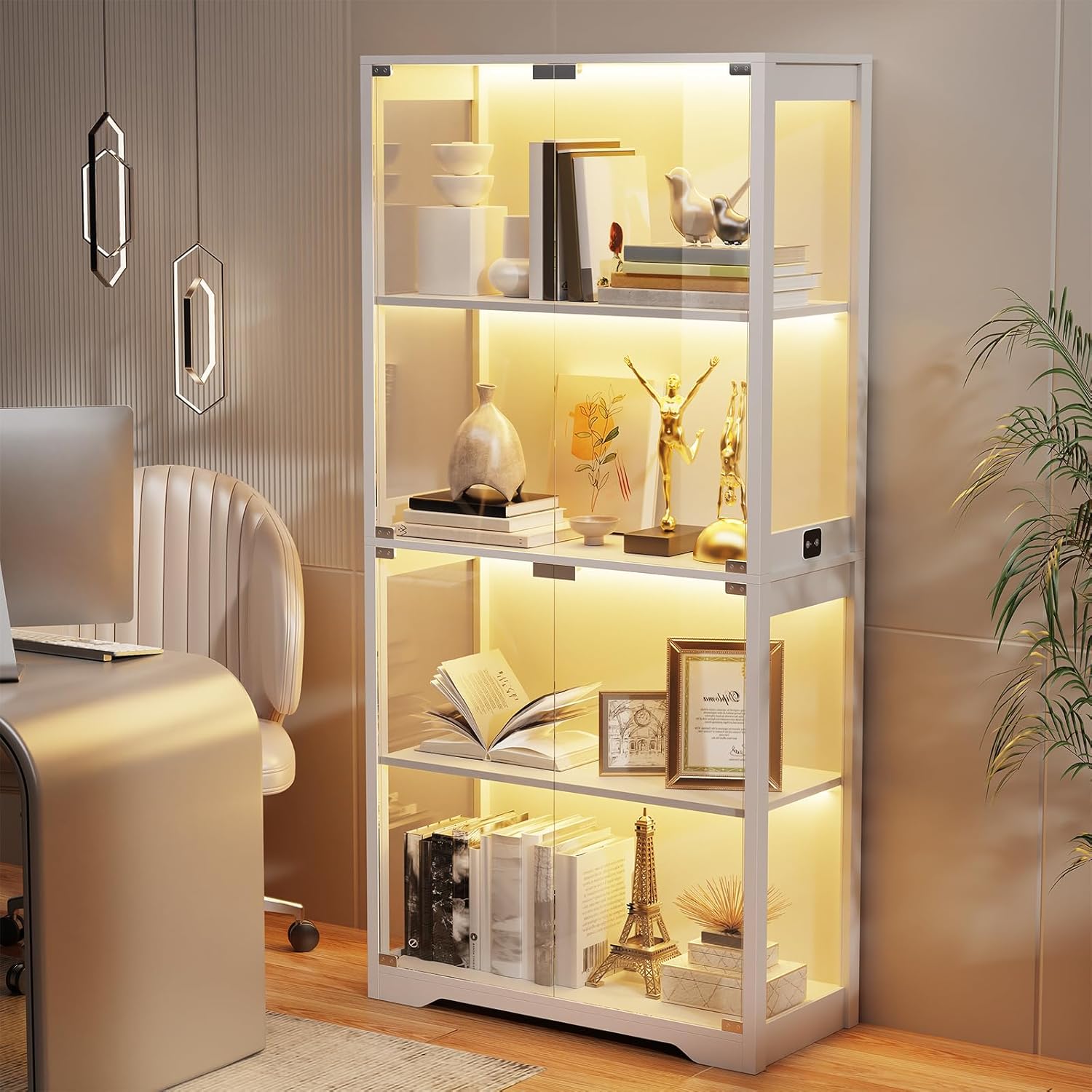 Vitrine mit LED Beleuchtung und Glastüren, Sammlervitrine, Vitrinenschrank mit Intelligente Sensorik, 4-Lagen Vitrine Weiß Glasvitrine Staubdicht für Wohnzimmer Schlafzimmer Büro, Weiß