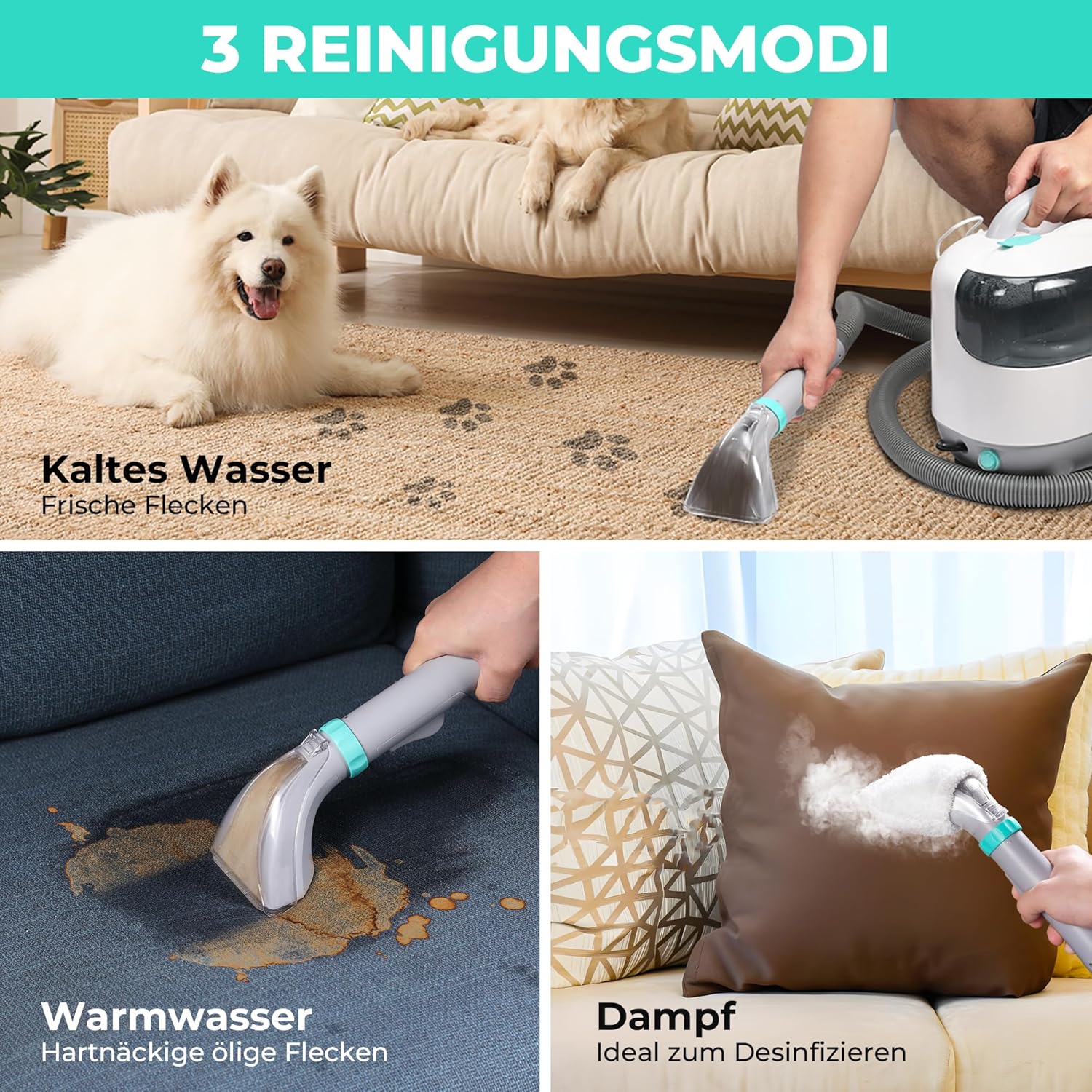 HAUSHOF Waschsauger mit Dampffunktion, StainZapper Vapo Teppichreiniger Polsterreiniger Gerät mit Warmwasserfunktion & Hochtemperatur-Dampffunktion, Mit Reinigungsmittel, Für Teppich, Sofa, Auto