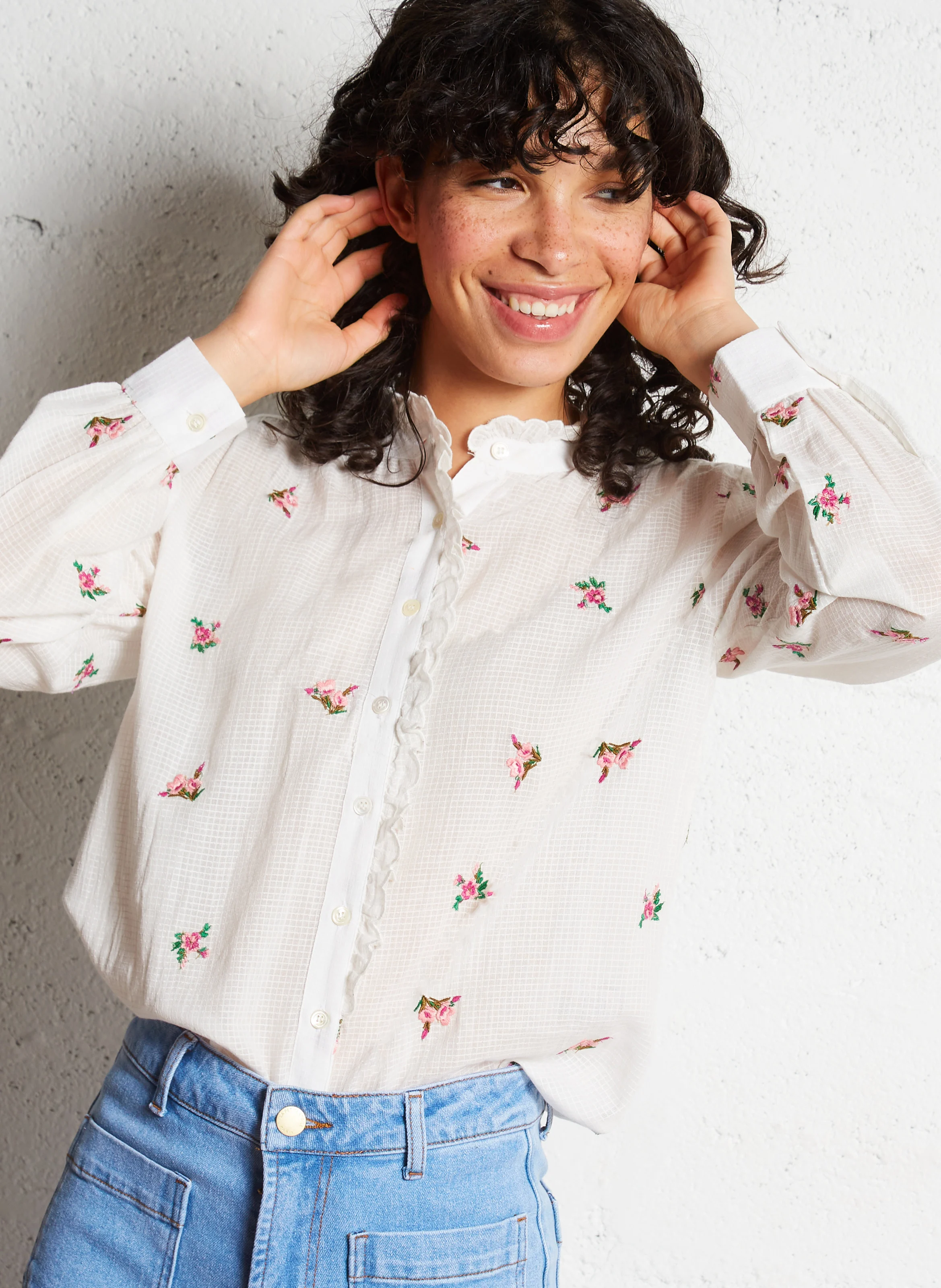 BAYA - Chemise droite col rond en coton | Blanc