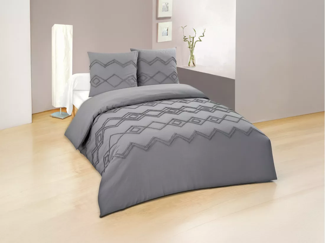Parure de lit en coton 57 fils/cm² - Housse de couette 240 x 260 cm + 2 taies d'oreiller 63 x 63 cm- Gris à motifs tuftés - IZAURA