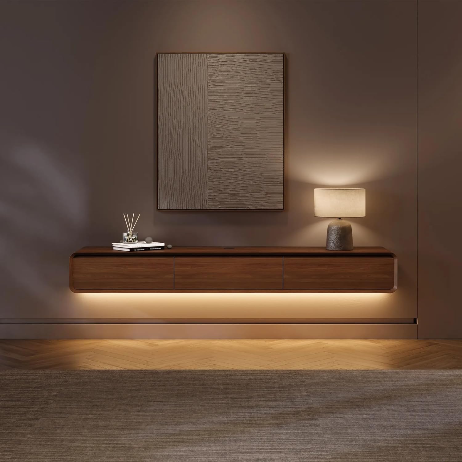 POVISON Schwebender TV-Schrank 200 cm, Moderne Walnussholz aus Massivholz mit 3 Schubladen und Lichtleiste, TV-Low-Panel-Aufhängung, Kabelmanagement, hochwertig mit Stauraum für Wohnzimmer