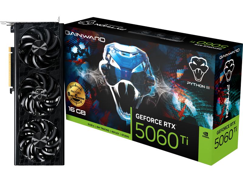 Gainward Grafikkarte GeForce RTX 5060 Ti Python III OC 16 G Grafikkarte mit 16 GB GDDR7-Speicher ermöglicht Auflösungen bis zu 8K