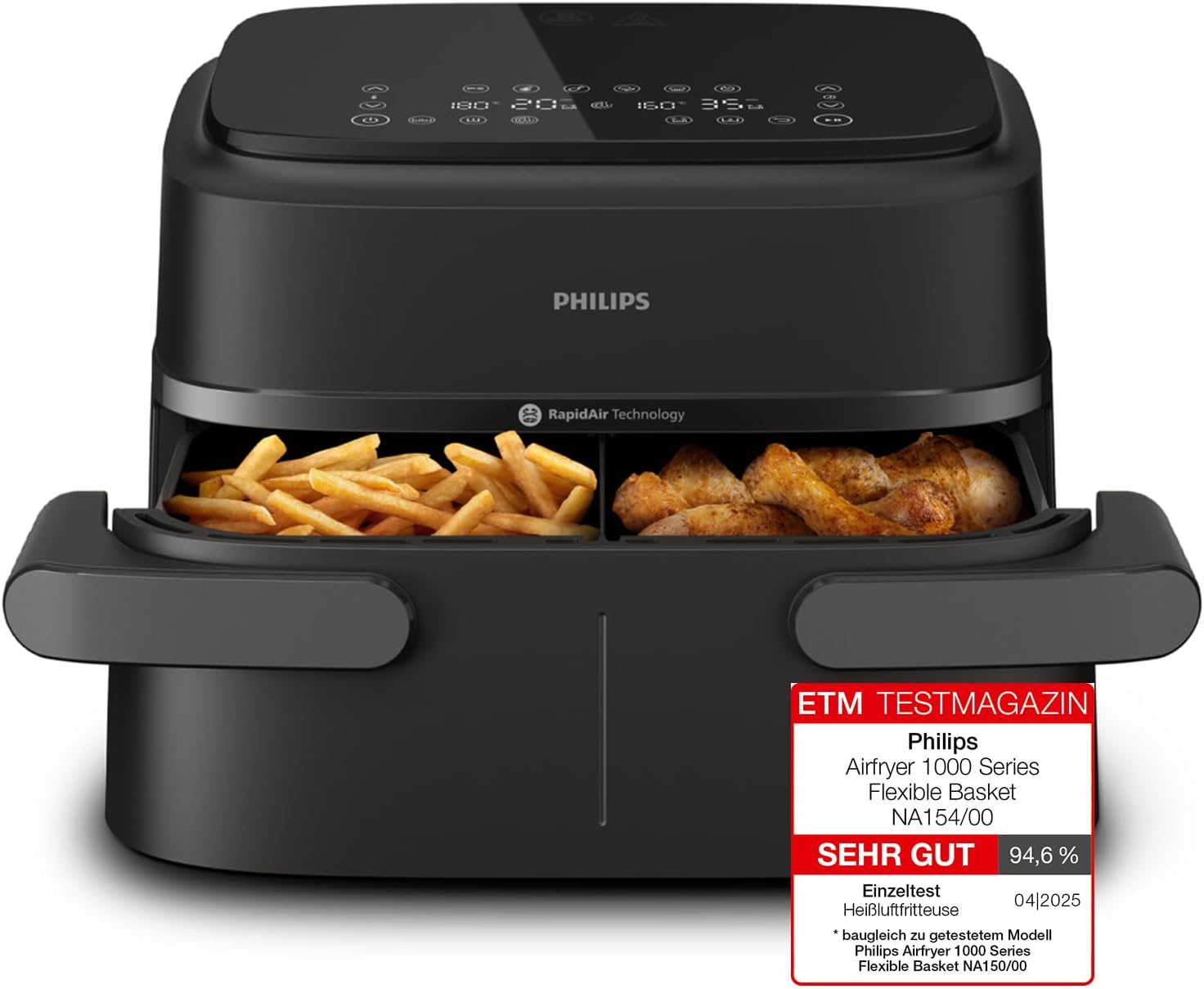 Philips Airfryer 1000 Series Flexible Basket - 7,1 L Fassungsvermögen, RapidAir-Technologie, 10 Kochfunktionen, 90% weniger Fett, kompaktes Design, HomeID-Rezept-App (NA154/00)