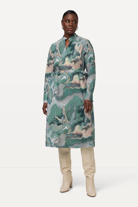 Lyocell-Midikleid, Marmor-Design, Stehkragen, Langarm