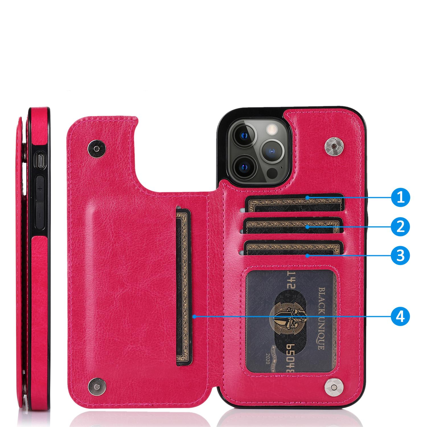 iPhone 14 Pro Hybrid Leder Hülle mit Kartenfach   Kickstand Aufsteller - Pink