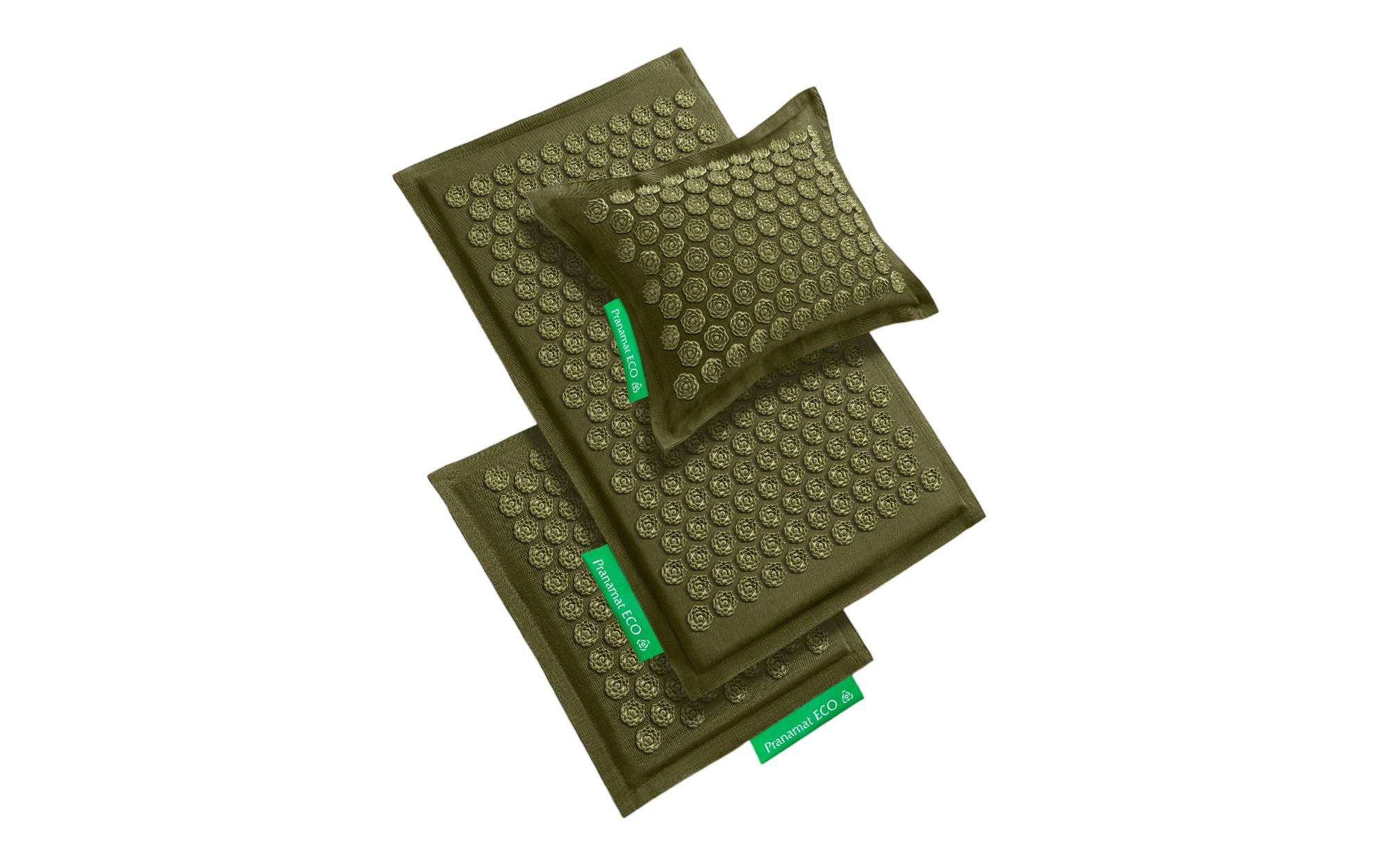 ECO Massage Set – Matte + Kissen + Minimatte dunkelgrün<br>Handgefertigtes Ganzkörper-Wellness-Set aus natürlichen Materialien