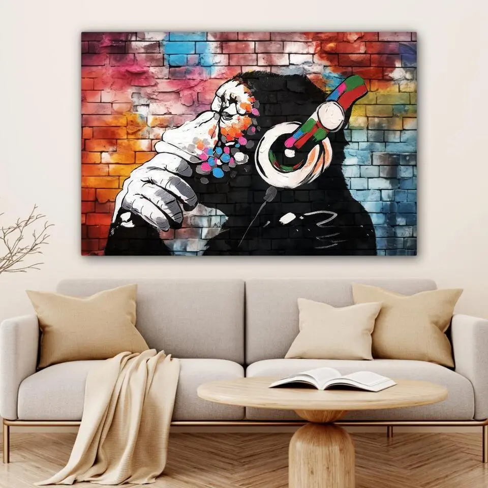 MuchoWow Canvas Schilderij 120x80cm Aap Graffiti Muziek
