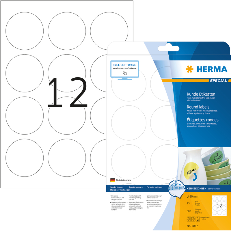 Herma Etiketten wiederablösbar, 5067, 60 mm, 25 Blatt