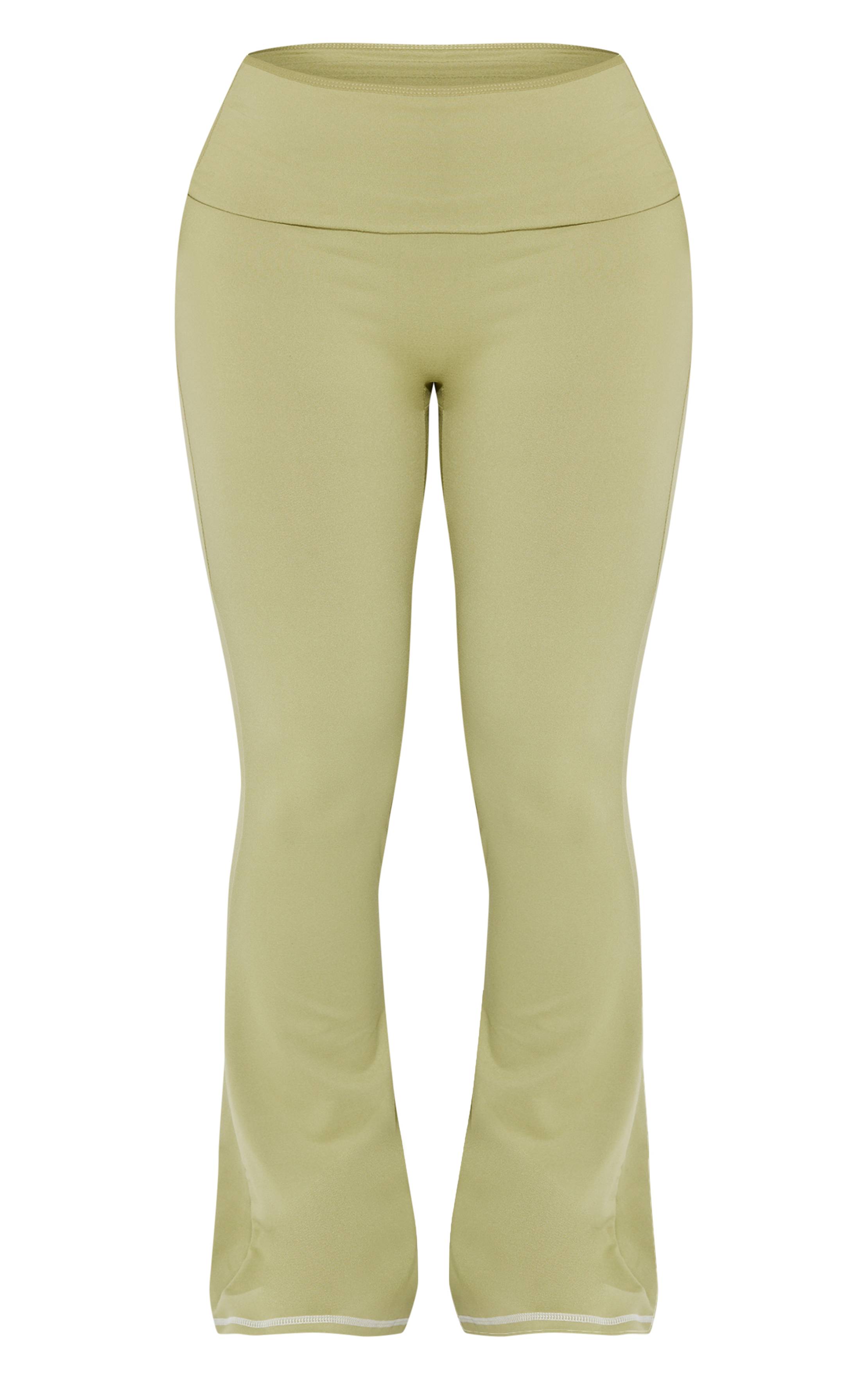 Vert Sauge Pantalon Évasé Taille Haute Sculptant Avec Coutures Contrastées