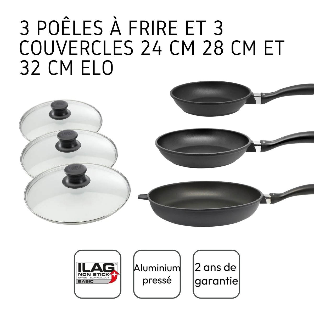 Ensemble de 3 poêles à frire et 3 couvercles en verre de 24 cm 28 cm e