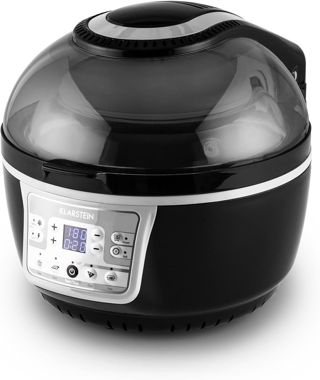 Klarstein VitAir Turbo Heißluftfritteuse - 1400 Watt Heissluftfriteuse, Airfryer mit 9 Liter Garraum, 50 bis 230°C, Timer, Halogen-Infrarot-Heizelement, Kuppel-Design, schwarz-grau