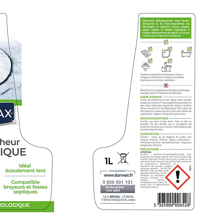 Déboucheur biologique Starwax 1L sans acide sans soude