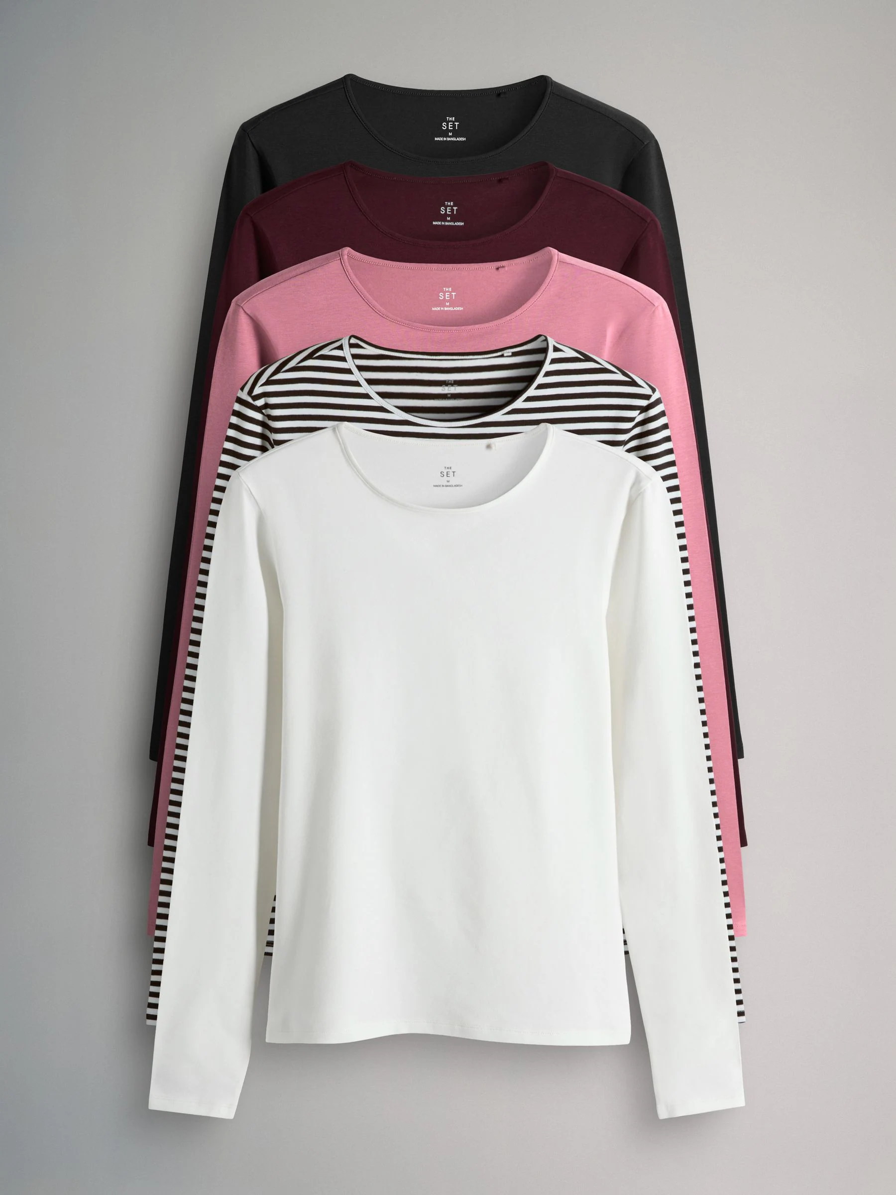 Zwart/Strepen/Bessenrood/Middenroze/Crème - The Set - 5 T-shirts met lange mouwen en ronde hals