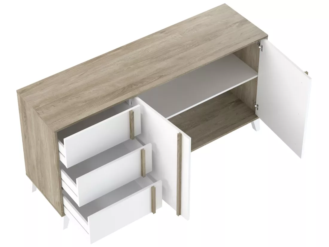 Buffet, meuble de rangement en mélamine coloris chêne et blanc - L. 160 x P. 45 x H. 82 cm