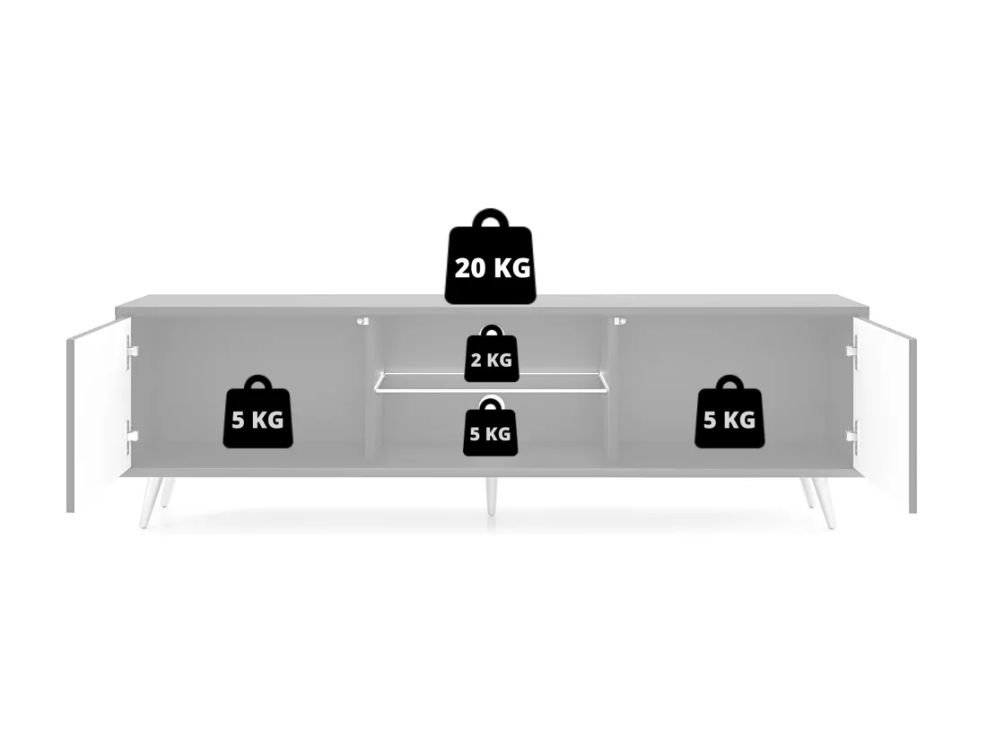 Meuble tv - 135 cm - blanc - façades à lamelles et pieds dorés - avec LED - Selsey Bello