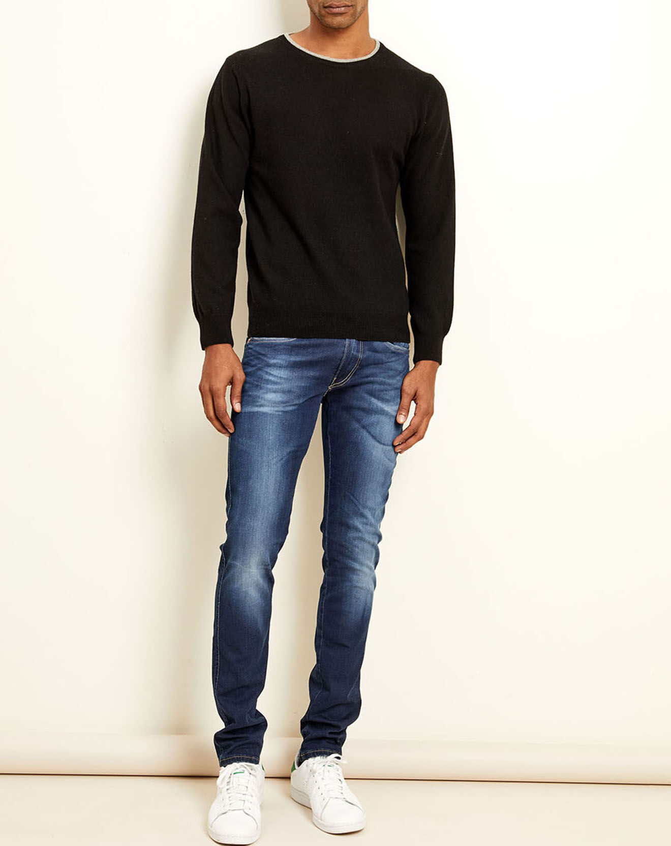 Uverny Pull 100% Cachemire col rond noir/gris