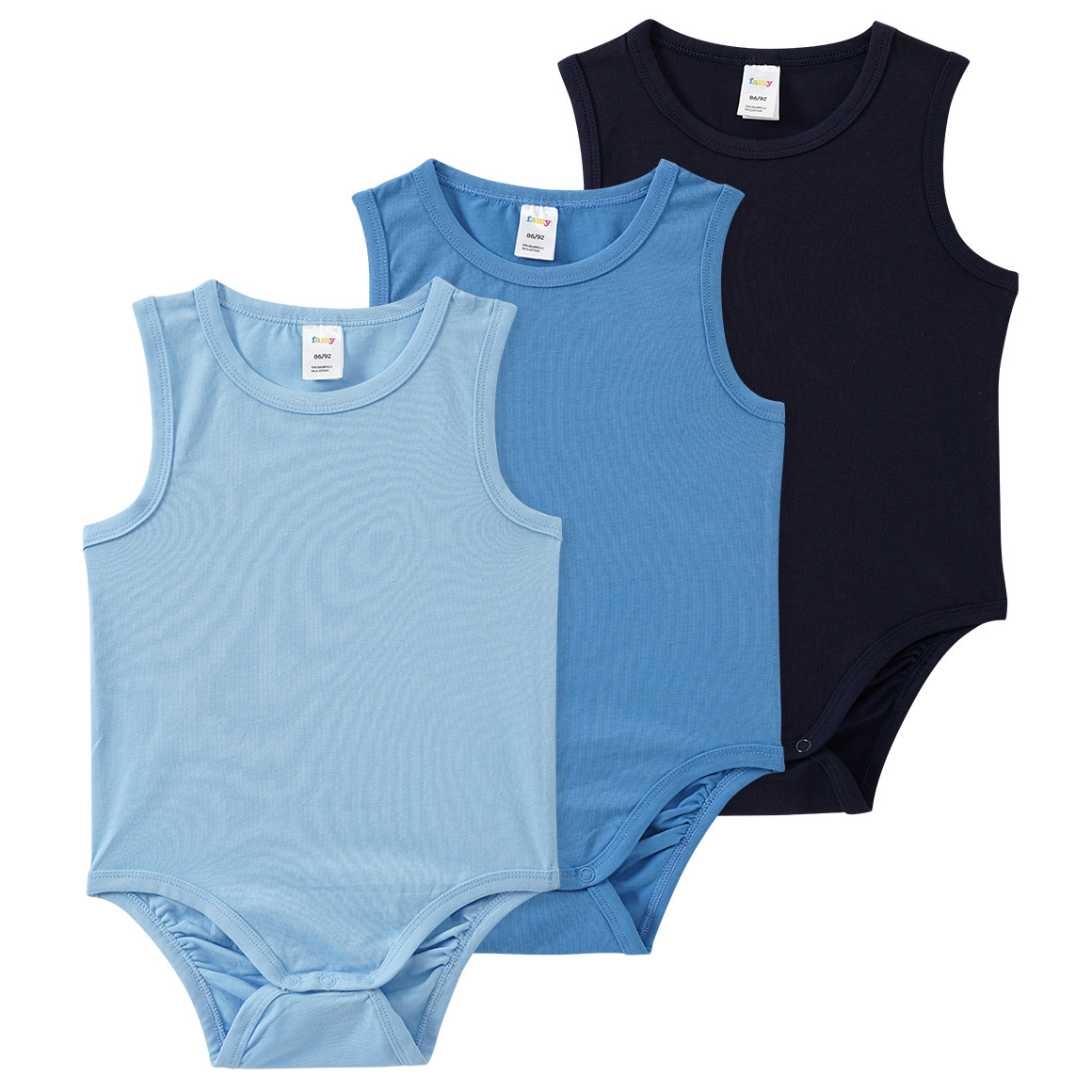 Famy 3 Baby Bodys in verschiedenen Farben dunkelblau / hellblau