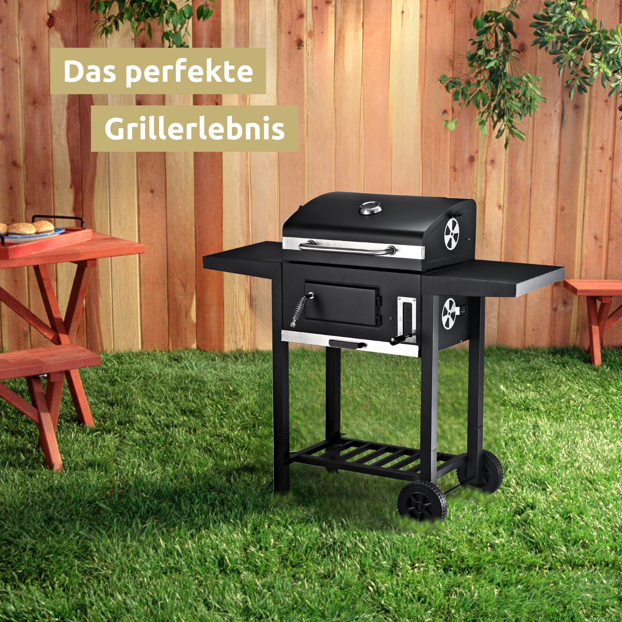 deluxe4home® Holzkohlegrill mit Deckel. - Grillwagen I 2 Ablagen, Thermometer uvm.