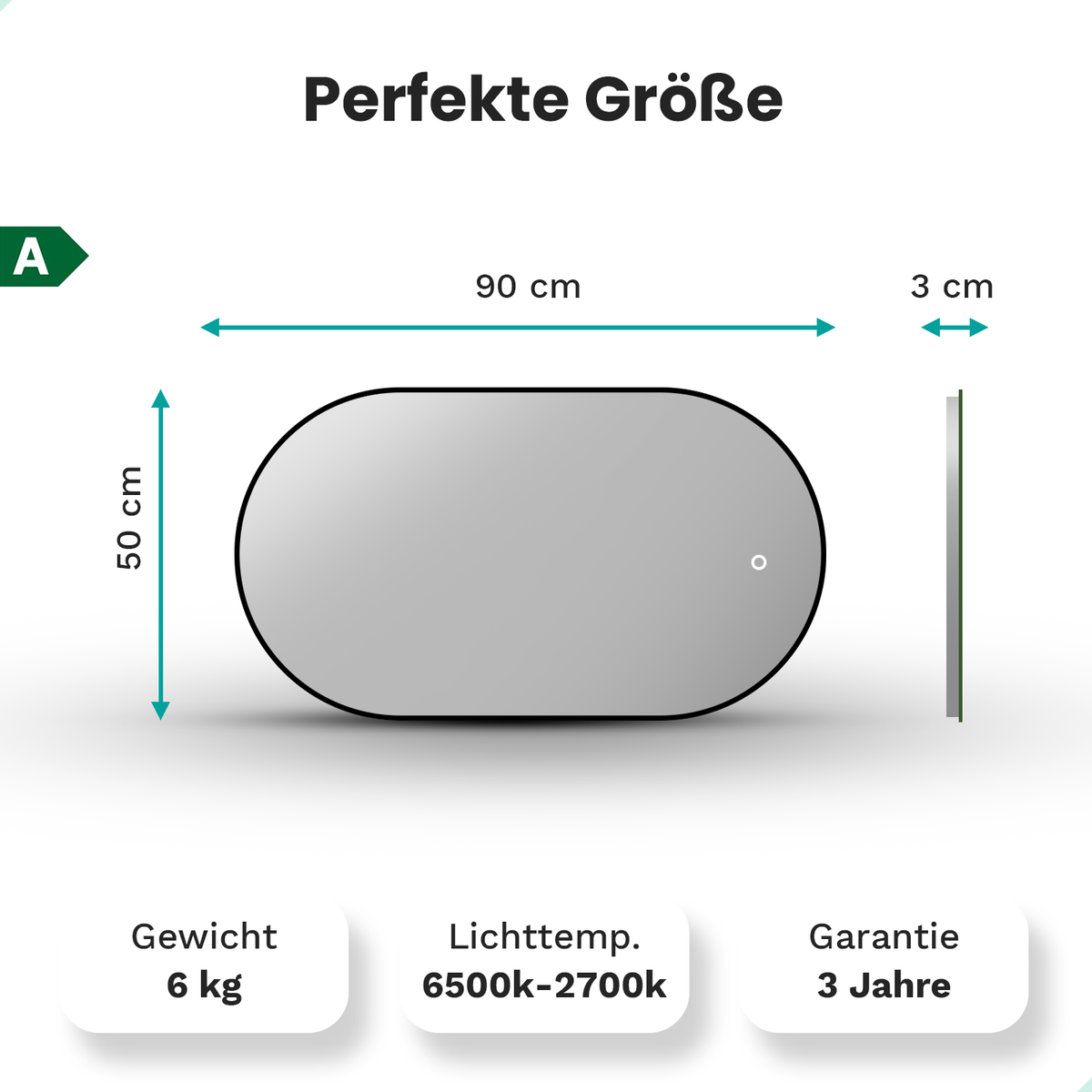 Mirlux badkamerspiegel met LED-verlichting en verwarming, ovale wandspiegel, anti-condens douchespiegel, zwart, 90x50cm