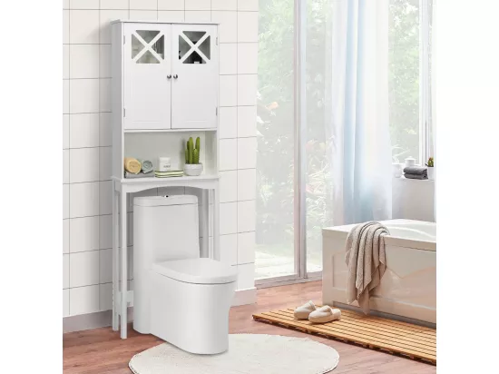 Meuble WC au-Dessus des Toilettes Étagère de Rangement de Salle de Bain Hauteur Réglable 2 Portes avec Verre Trempé, Blanc