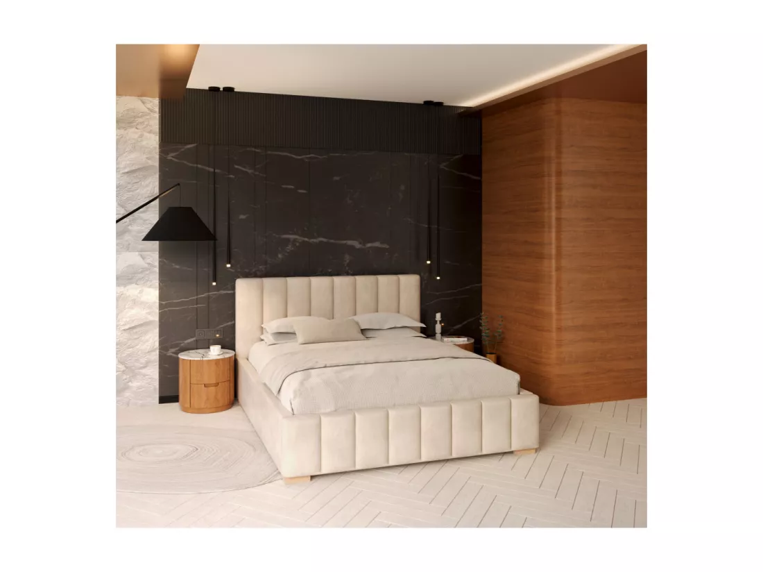Lit Coffre Anton 160 x 200 cm avec sommier à lattes relevable Crème