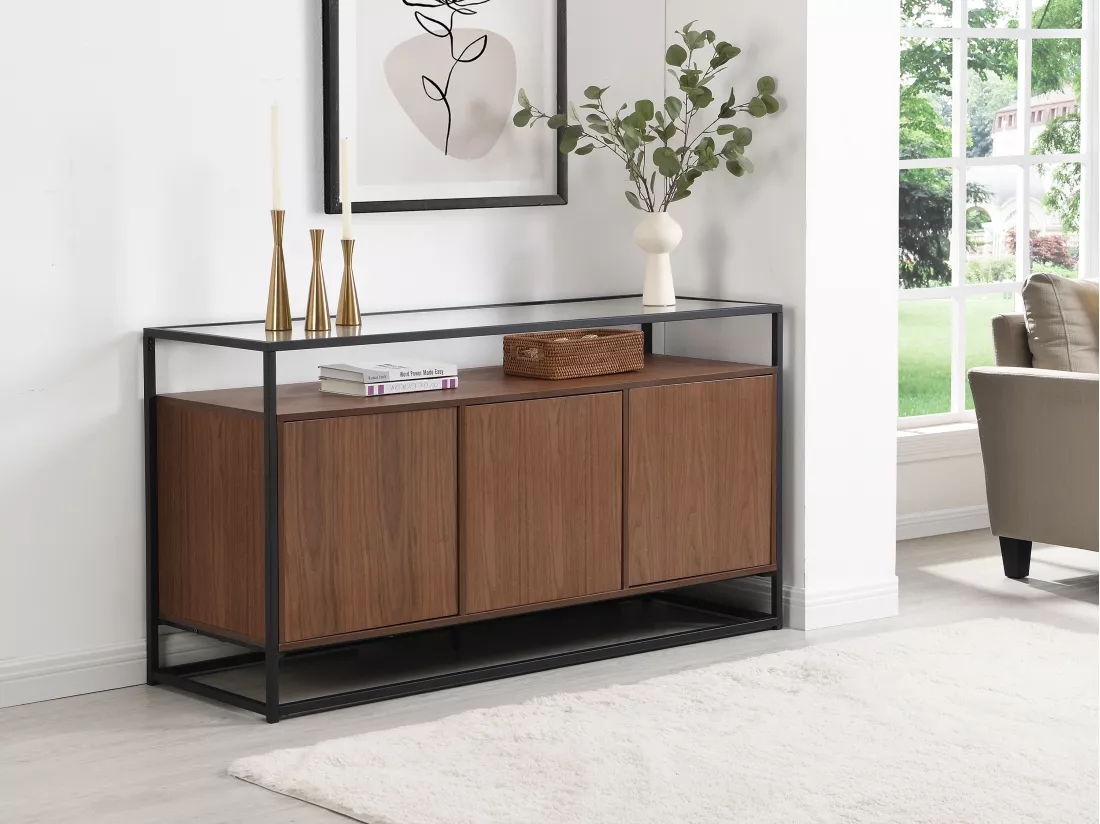 Buffet avec 3 portes en MDF, verre trempé et métal - Naturel foncé - CAMATA