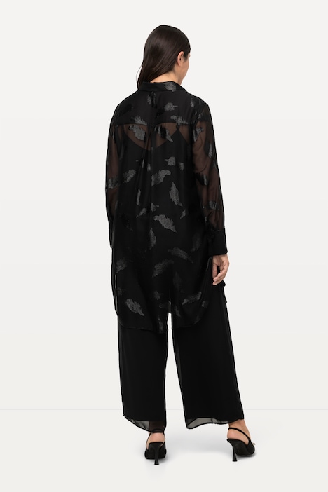 Longbluse, Chiffon, Metallic-Federn, Hemdkragen, Langarm