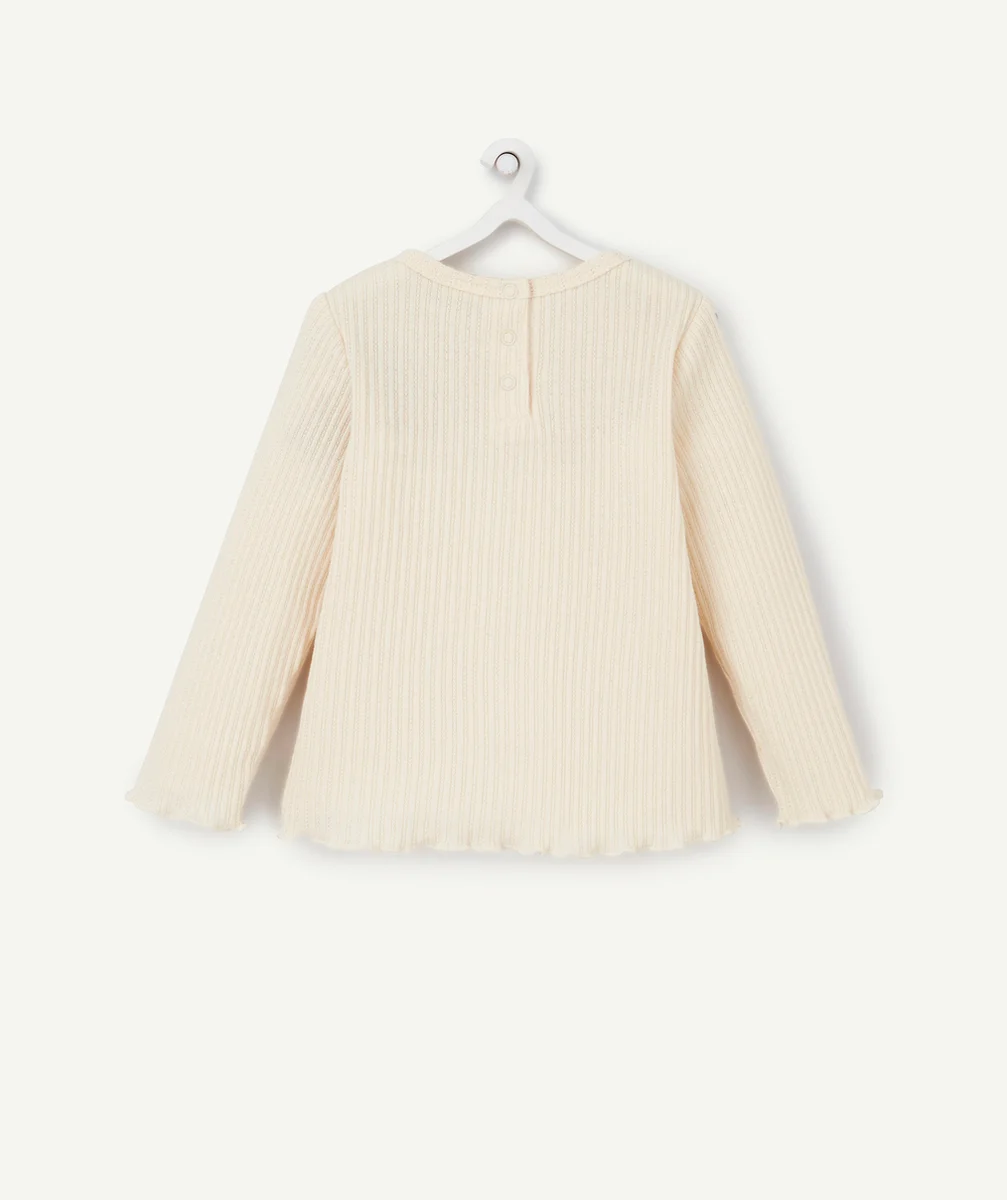 T-SHIRT BÉBÉ FILLE ÉCRU À CÔTES ET AVEC FESTONS