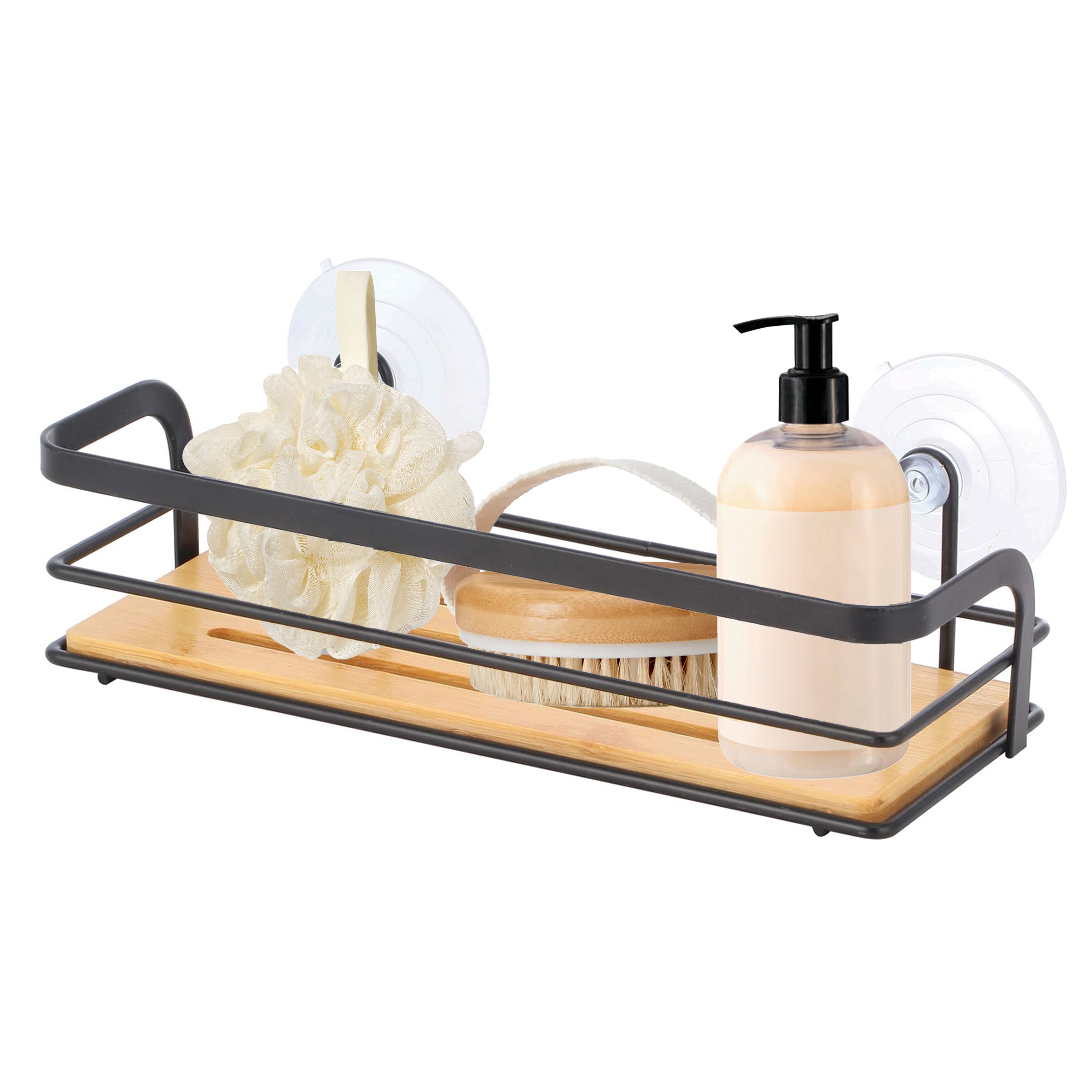 MSV doucherekje - zwart - 26 x 12 cm - metaal|bamboe - luxe